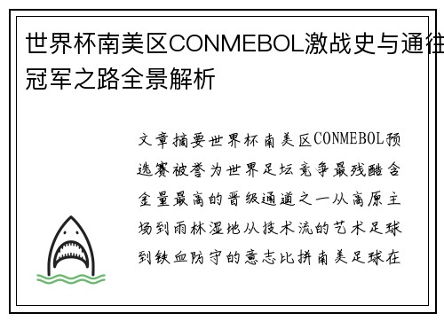 世界杯南美区CONMEBOL激战史与通往冠军之路全景解析